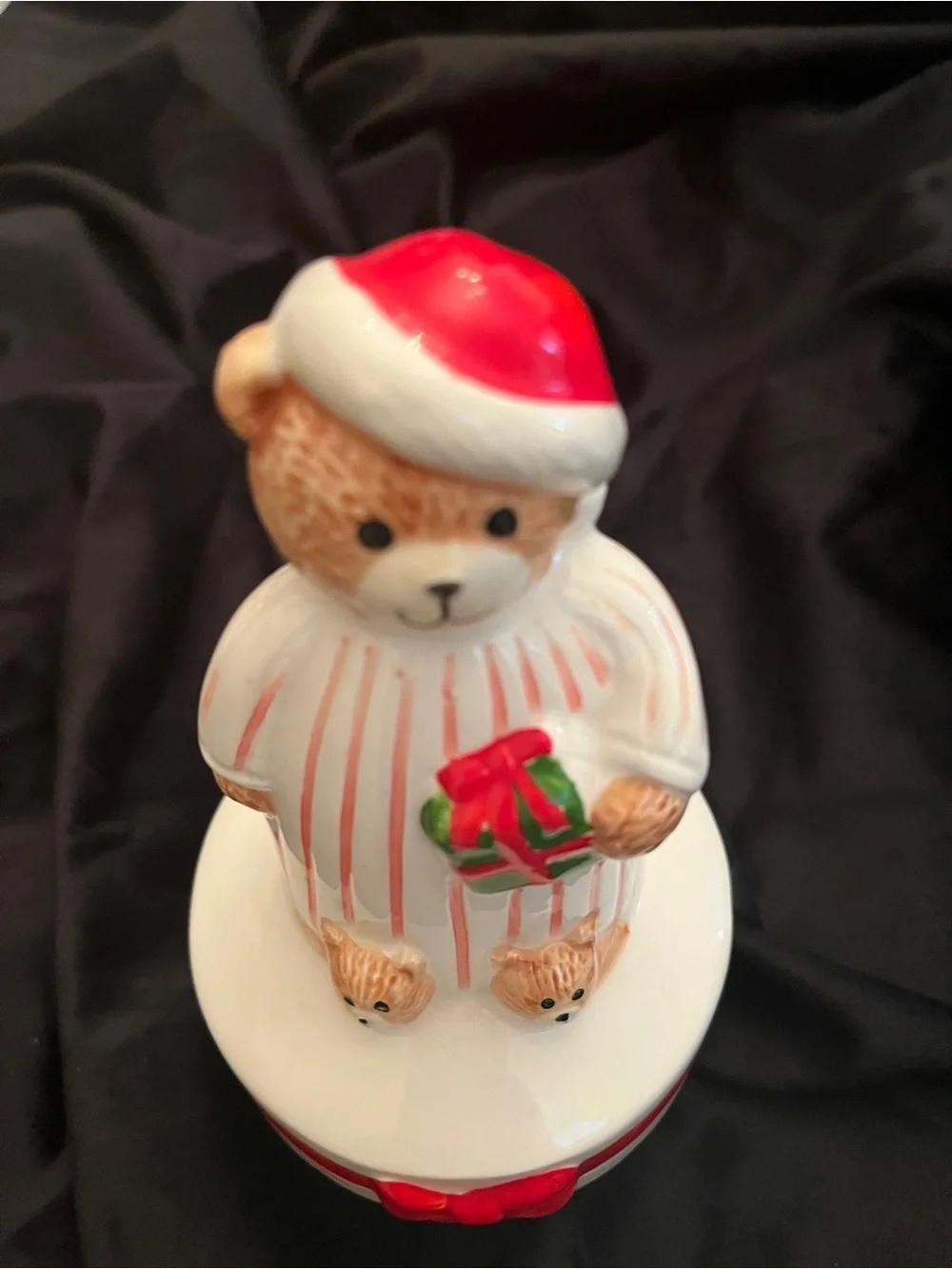 Vintage Christmas Teddy Bear Figurine in Pajamas Holding Present Holiday Decor
